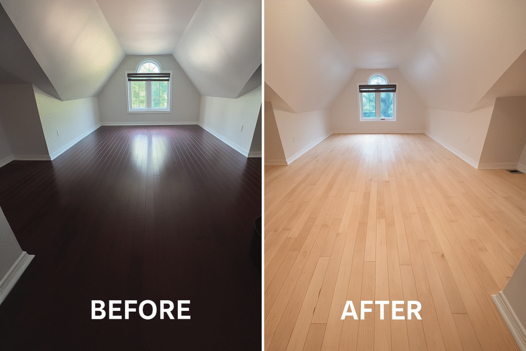 Before and after comparison of a hardwood floor refinished by Refinish Experts in Hamilton, Ontario, showing the transformation from worn and dull wood to a smooth, newly restored finish.